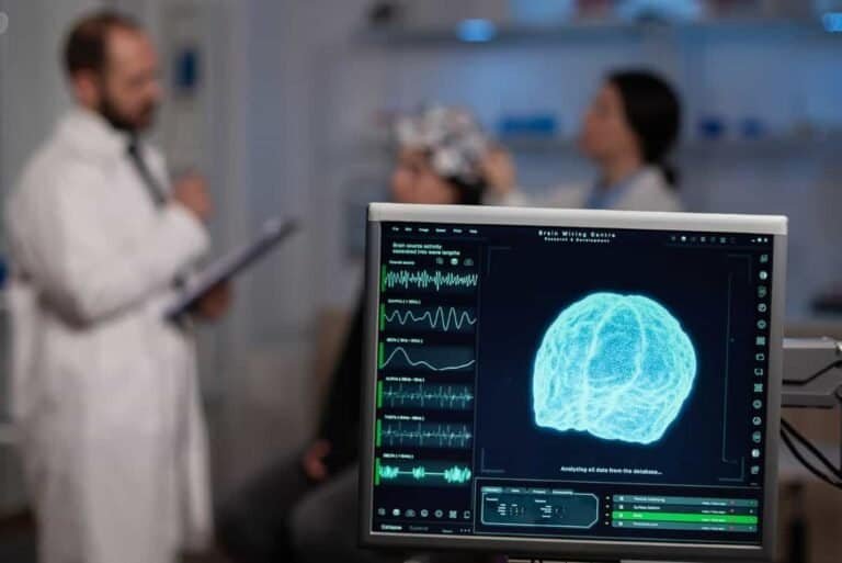 Comparação entre a segurança de um médico e os riscos do ChatGPT para diagnóstico médico, mostrando um profissional versus um cérebro de IA com um alerta